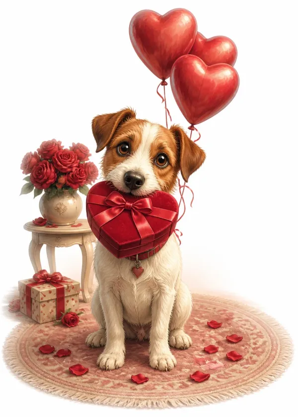 A Jack Russell holding a red heart-shaped gift box in its mouth under red heart balloons with roses around it