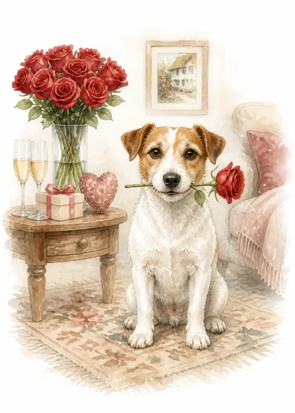 A Jack Russell holding a red rose in its mouth beside a table with a vase of roses and two champagne glasses