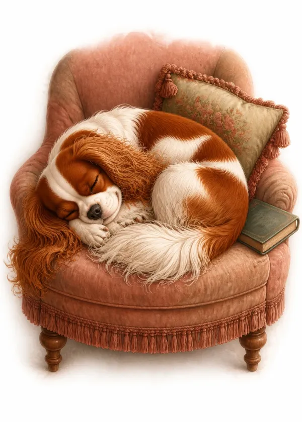 A King Charles Spaniel curled up asleep in a pink velvet armchair beside a cushion and a book