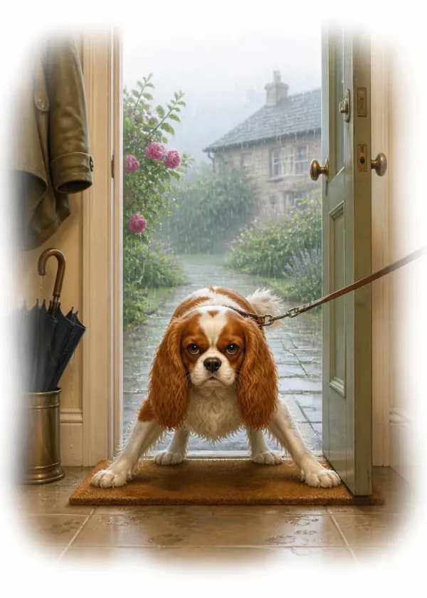 A King Charles Spaniel bracing its legs on a doormat refusing to go out into the rain on its lead