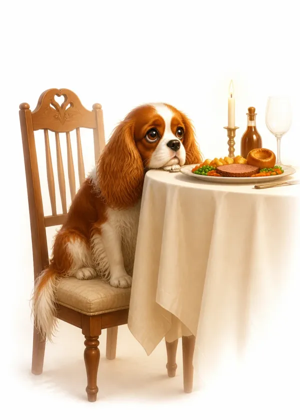 A King Charles Spaniel on a dining chair resting its chin on the table beside a roast dinner
