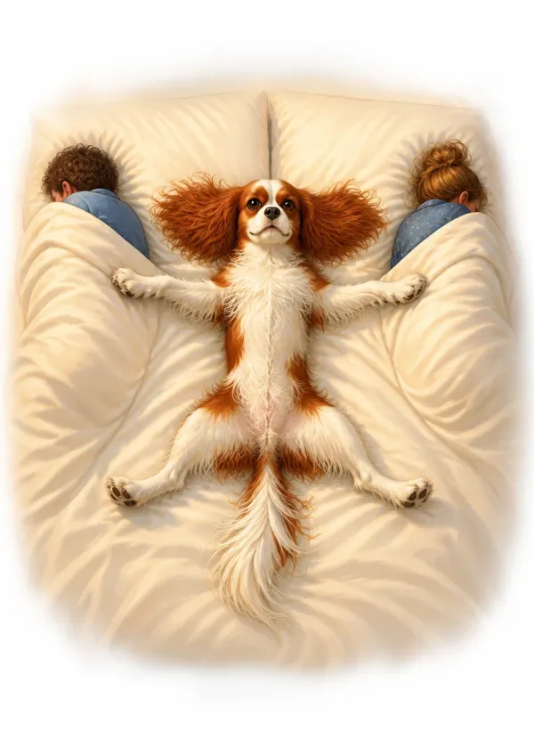 A King Charles Spaniel stretched out in the middle of a bed with two people squeezed to the edges