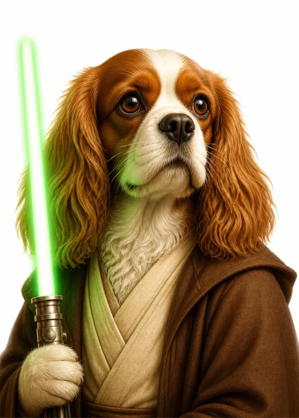 A King Charles Spaniel wearing brown robes and holding a glowing green laser sword with a solemn expression