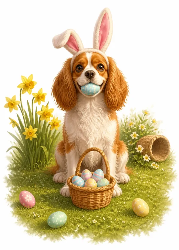 A King Charles Spaniel wearing bunny ears holding a blue Easter egg in its mouth beside a basket of eggs
