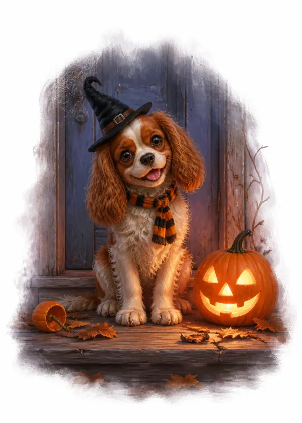 A King Charles Spaniel in a witch's hat and striped scarf on a doorstep beside a glowing jack-o'-lantern