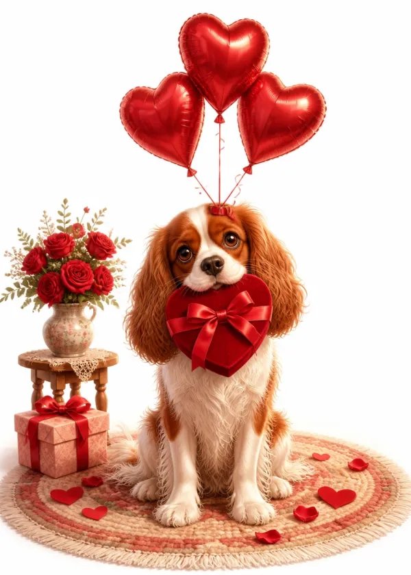 A King Charles Spaniel holding a red heart-shaped gift box in its mouth under red heart balloons