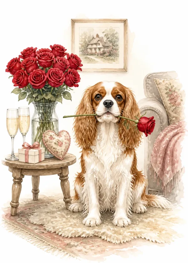 A King Charles Spaniel holding a red rose in its mouth beside a table with roses and two champagne glasses