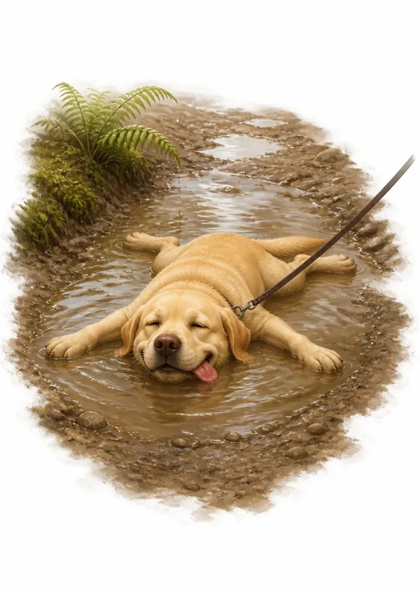 A yellow Labrador lying flat out in a muddy puddle on a path with its eyes closed and lead trailing