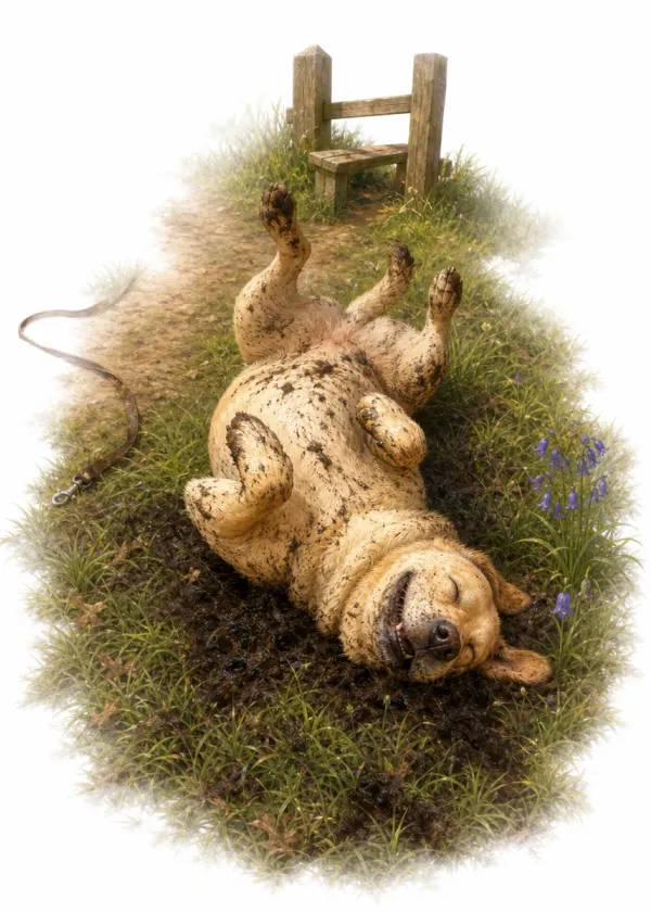 A Labrador rolling on its back in muck beside a stile with its legs in the air