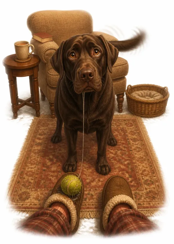 A chocolate Labrador standing on a rug looking up hopefully with a tennis ball at its person's slippers