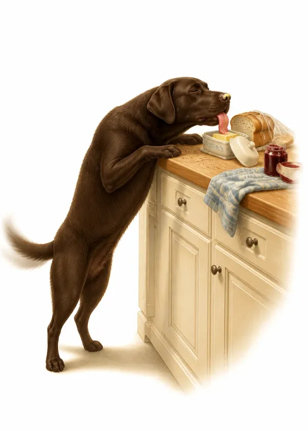 A chocolate Labrador standing up at a kitchen counter licking the butter dish