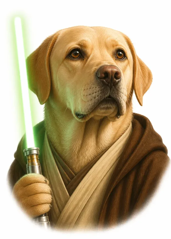 A yellow Labrador wearing brown robes and holding a glowing green laser sword with a serious expression