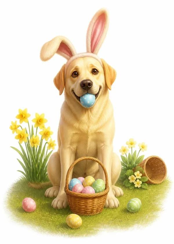 A yellow Labrador wearing bunny ears holding a blue Easter egg in its mouth beside a basket of eggs