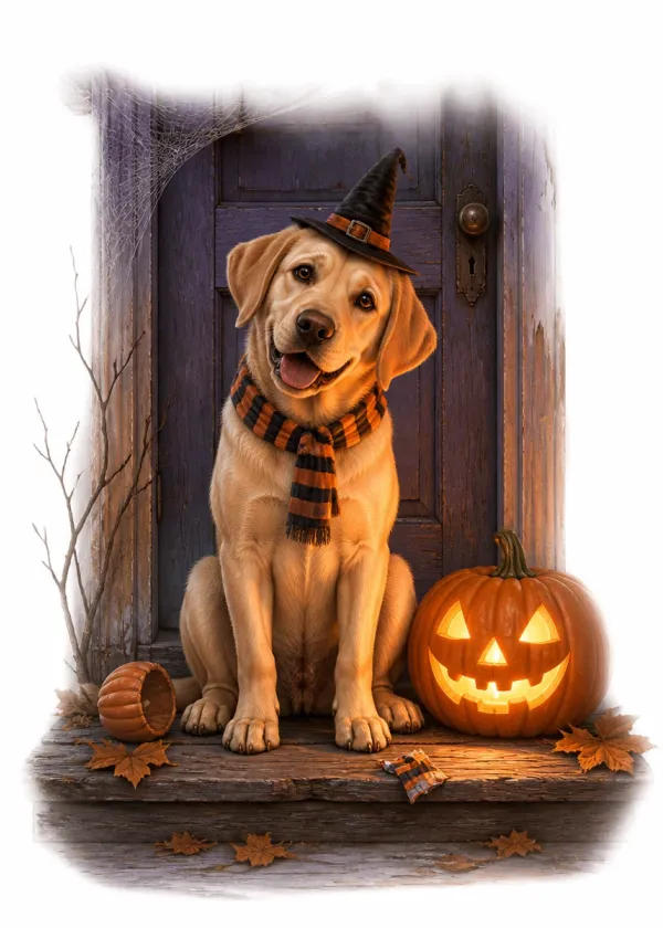 A yellow Labrador in a witch's hat and striped scarf on a doorstep beside a glowing jack-o'-lantern
