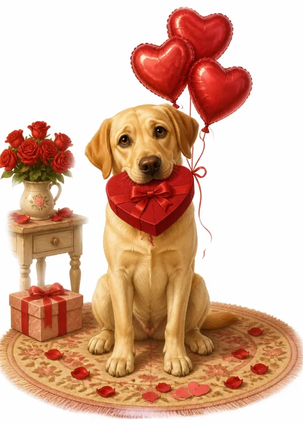 A yellow Labrador holding a red heart-shaped gift box in its mouth under red heart balloons