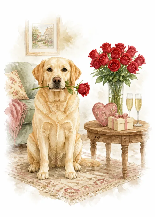A yellow Labrador holding a red rose in its mouth beside a table with a vase of roses and two champagne glasses