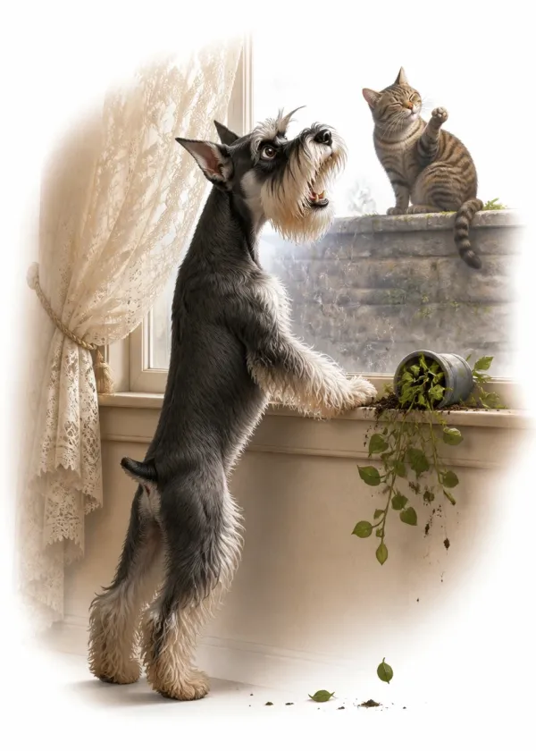 A Miniature Schnauzer standing at a window barking at a cat on the wall outside beside a knocked-over plant
