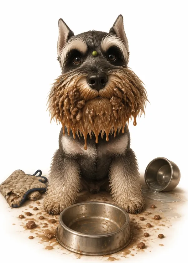 A Miniature Schnauzer with food dripping from its beard sitting beside an empty metal bowl
