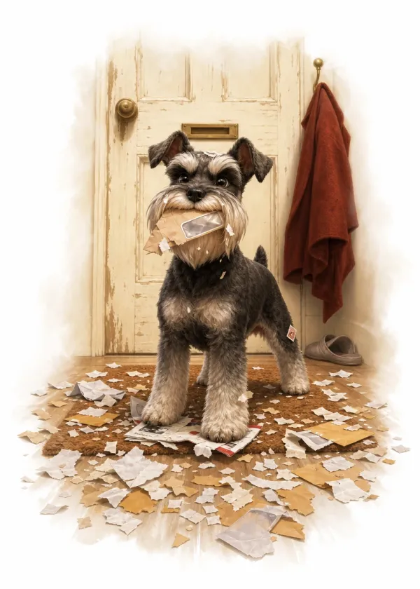 A Miniature Schnauzer standing on a doormat surrounded by shredded post with paper in its mouth