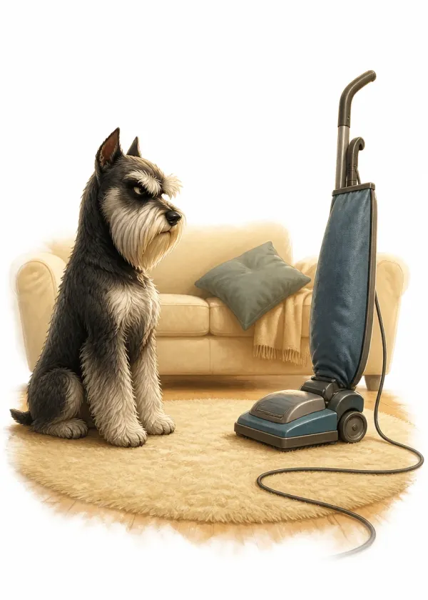 A Miniature Schnauzer sitting on a rug glaring suspiciously at an upright vacuum cleaner