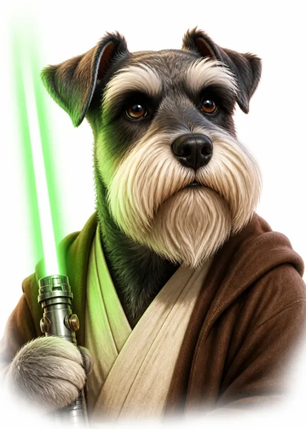 A Miniature Schnauzer wearing brown robes and holding a glowing green laser sword with a wise expression