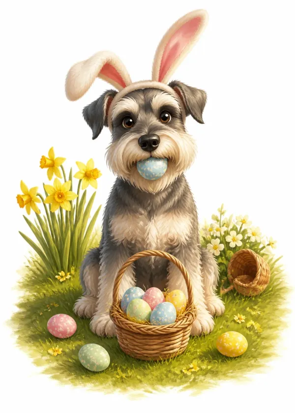 A Miniature Schnauzer wearing bunny ears holding a blue Easter egg in its mouth beside a basket of eggs