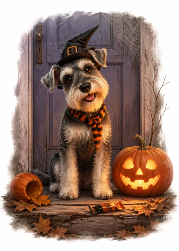 A Miniature Schnauzer in a witch's hat and striped scarf on a doorstep beside a glowing jack-o'-lantern