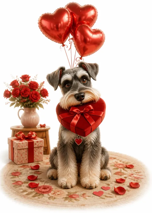 A Miniature Schnauzer holding a red heart-shaped gift box in its mouth under red heart balloons