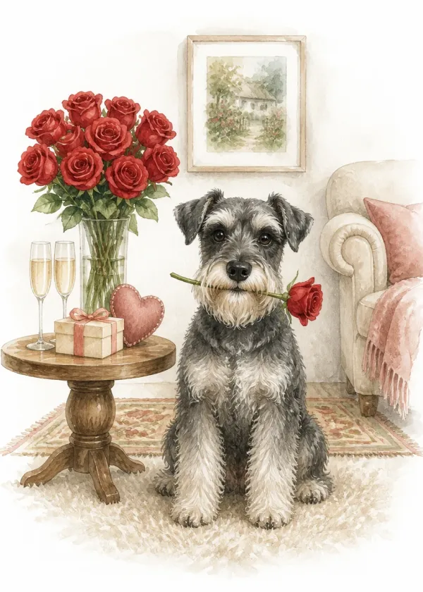 A Miniature Schnauzer holding a red rose in its mouth beside a table with roses and two champagne glasses