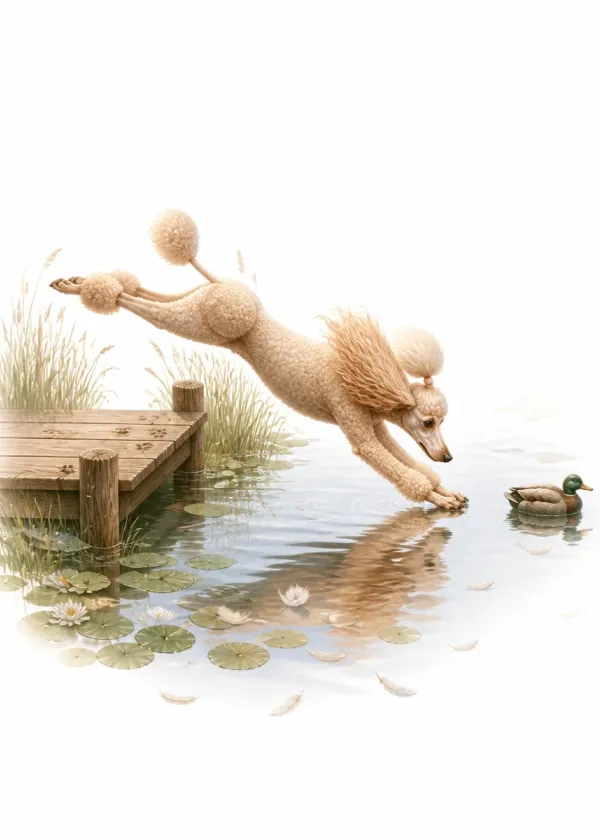 A Poodle in a show clip diving off a wooden jetty towards a duck on the water