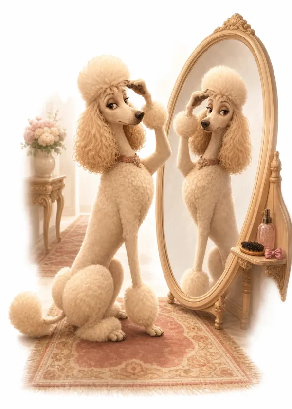 A Poodle sitting in front of a gilt mirror admiring its reflection with a paw raised to its head
