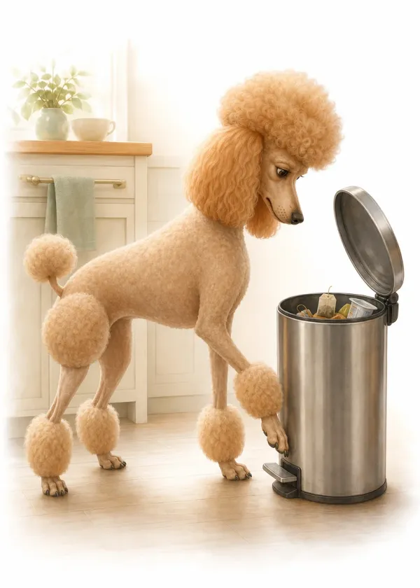 A groomed Poodle pressing the pedal of a kitchen bin and peering inside