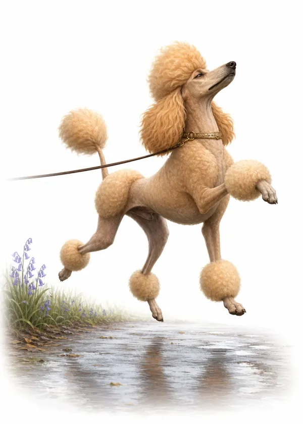 A Poodle in a show clip prancing on a lead with its head held high past a puddle