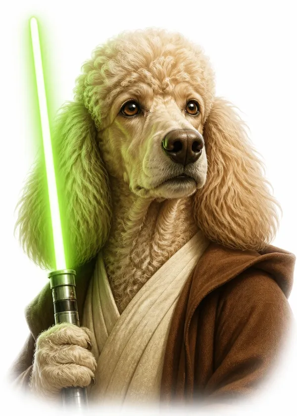 A cream Poodle wearing brown robes and holding a glowing green laser sword with a thoughtful expression