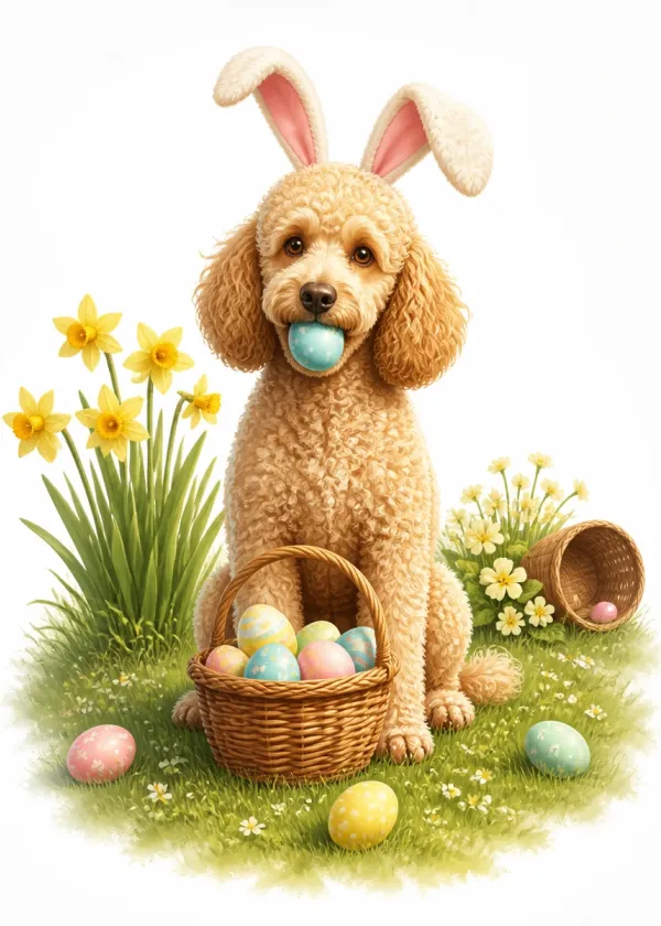An apricot Poodle wearing bunny ears holding a blue Easter egg in its mouth beside a basket of eggs
