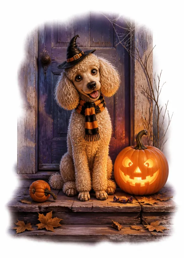 A Poodle in a witch's hat and striped scarf on a doorstep beside a glowing jack-o'-lantern