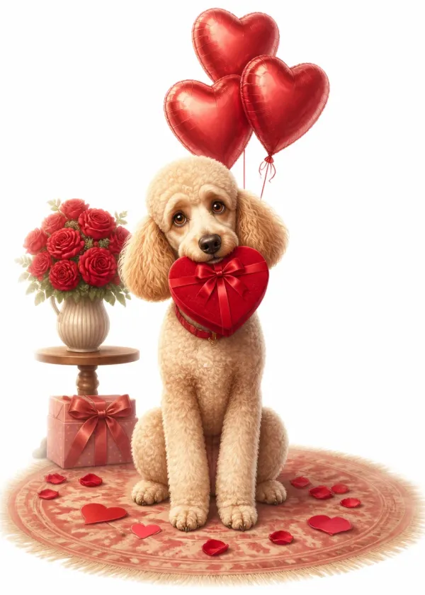 A Poodle holding a red heart-shaped gift box in its mouth under red heart balloons with roses around it