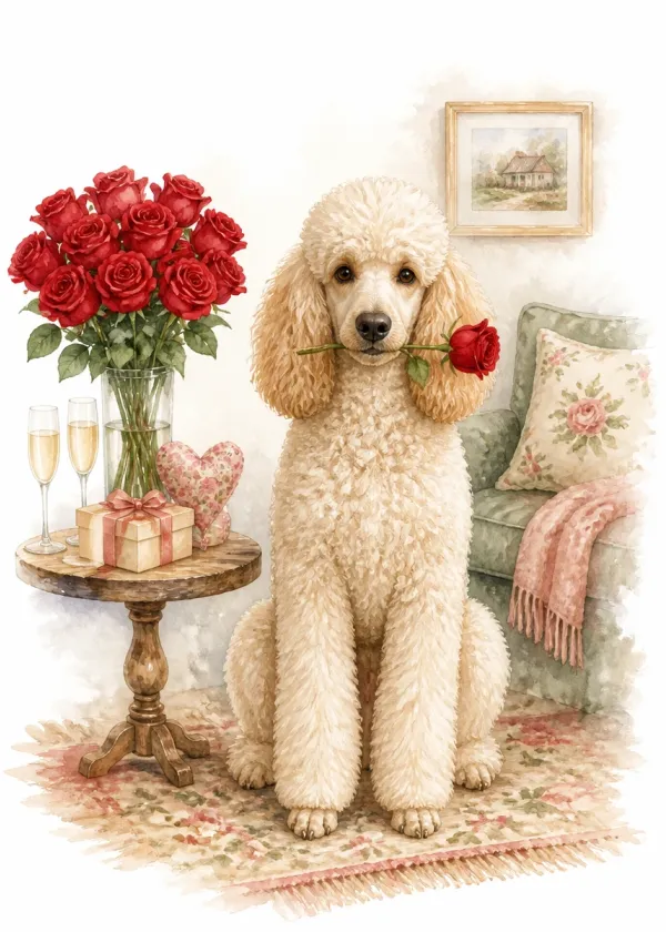 A cream Poodle holding a red rose in its mouth beside a table with a vase of roses and two champagne glasses
