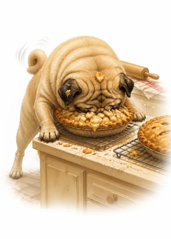 A Pug standing on a kitchen counter with its face buried in a freshly baked pie