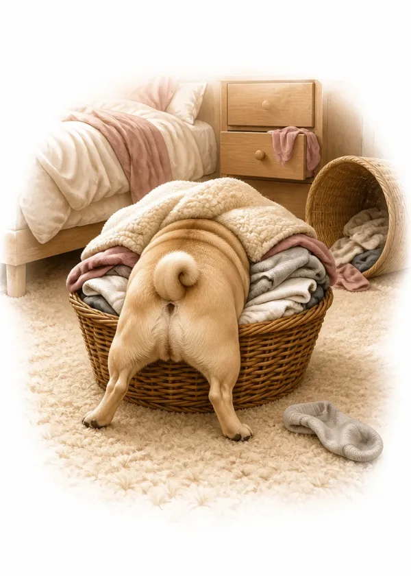 A Pug burrowing head first into a laundry basket with only its curly tail and back legs showing