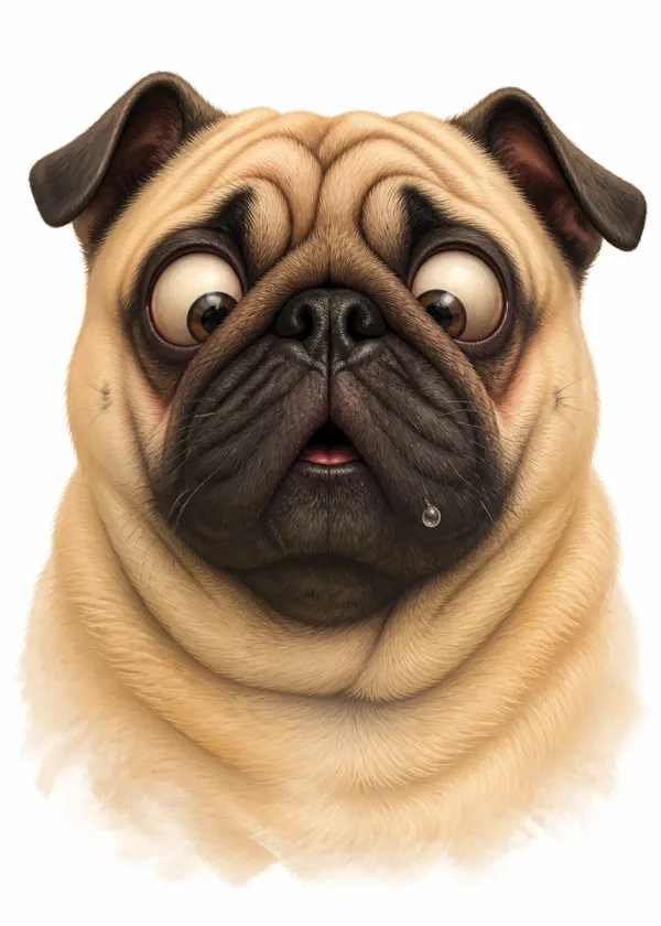 A close-up of a Pug with bulging eyes and a drop of drool looking hopefully at the viewer