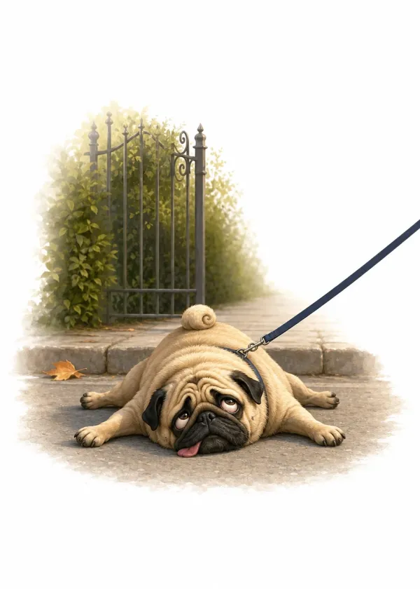 A Pug lying flat on the pavement on its lead outside a garden gate refusing to move
