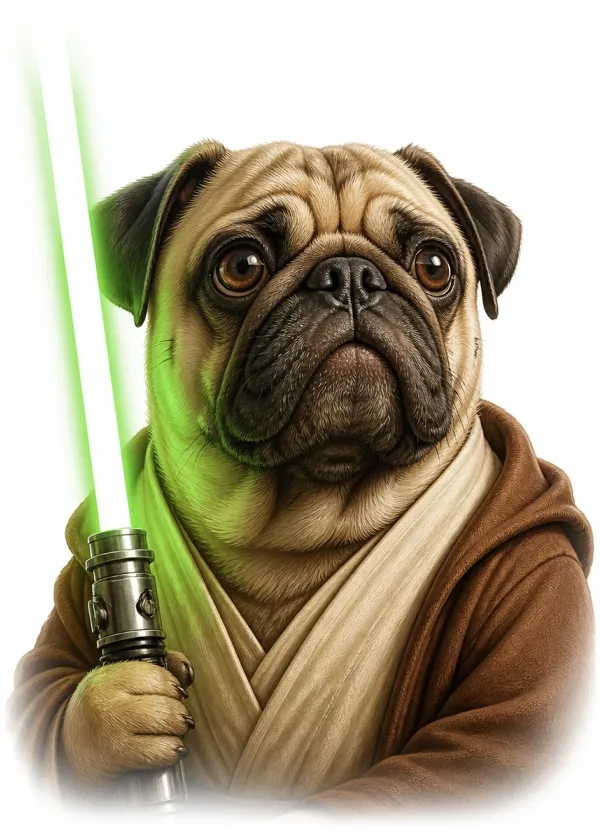 A Pug wearing brown robes and holding a glowing green laser sword with a wise expression