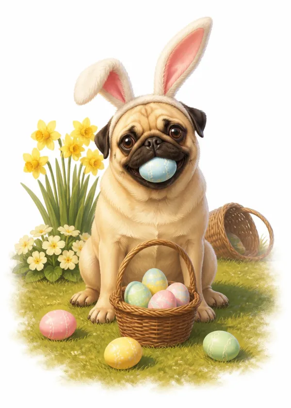 A Pug wearing bunny ears holding a blue Easter egg in its mouth beside a basket of eggs and daffodils