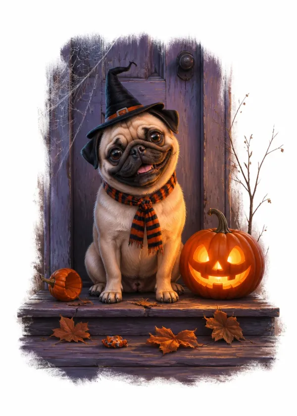 A Pug in a witch's hat and striped scarf on a doorstep beside a glowing jack-o'-lantern