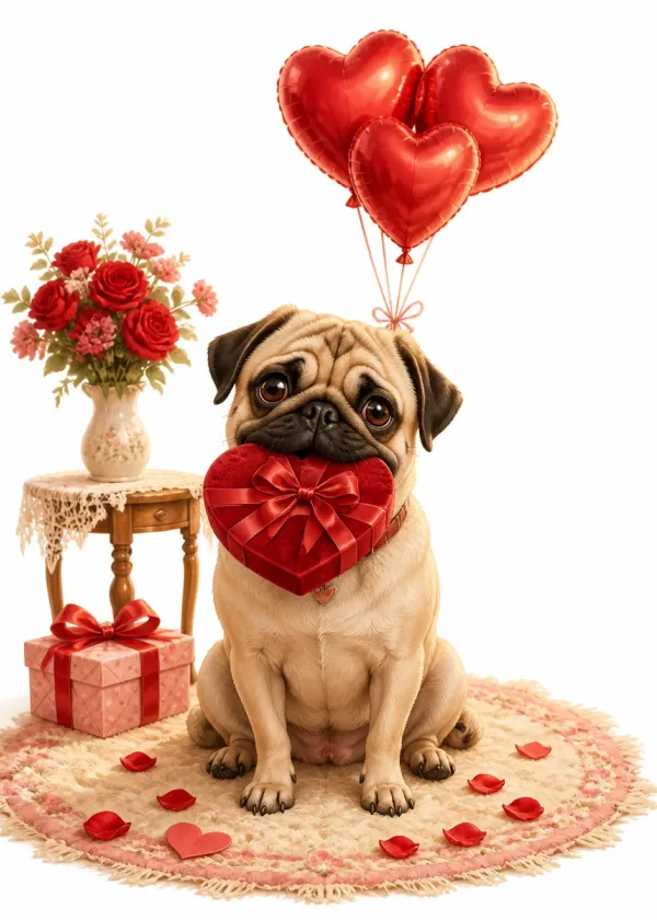 A Pug holding a red heart-shaped gift box in its mouth under red heart balloons with roses around it