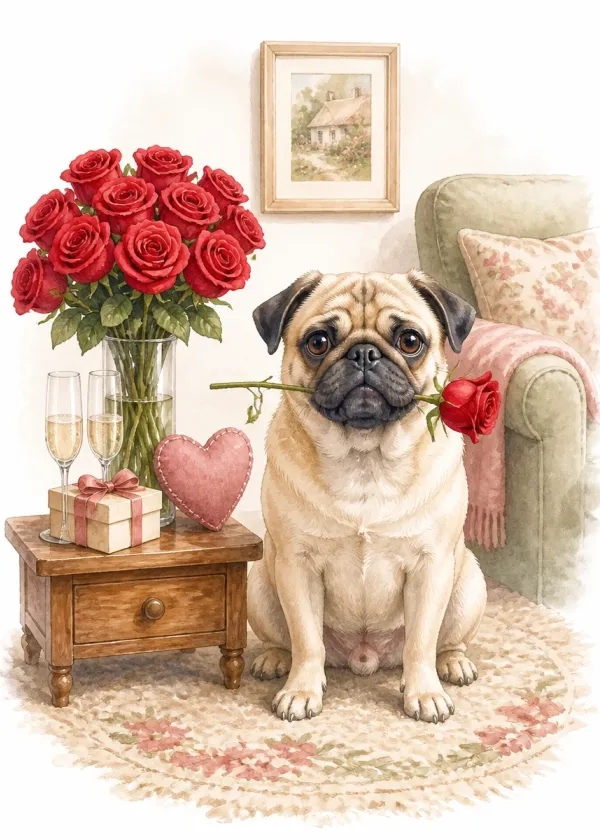 A Pug holding a red rose in its mouth beside a side table with a vase of roses and two champagne glasses