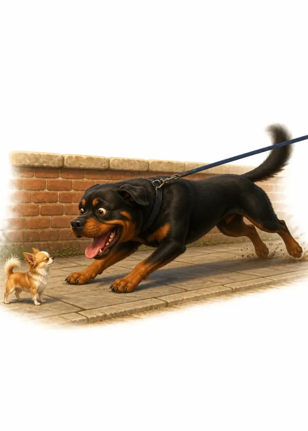 A Rottweiler on a lead crouched and woofing nose to nose with a tiny Chihuahua by a brick wall