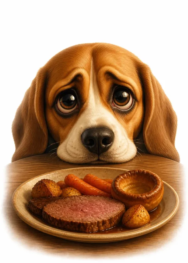 A beagle resting its chin on a table staring at a plate of roast beef with roast potatoes carrots and a yorkshire pudding