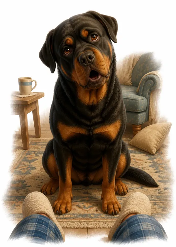 A Rottweiler sitting on a rug at its person's feet tilting its head with a puzzled expression